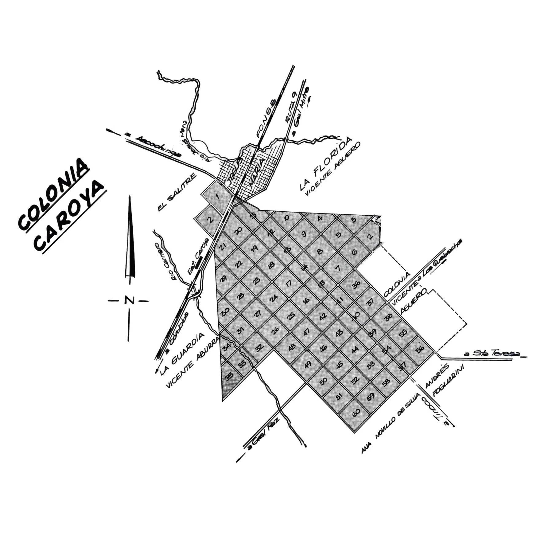 Mapa antiguo de Colonia Caroya, con el norte arriba