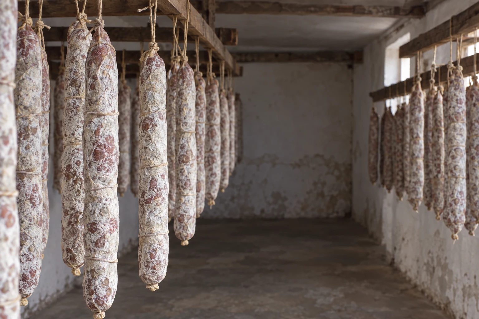 Piezas de salame colgadas en un sótano de maduración artesanal
