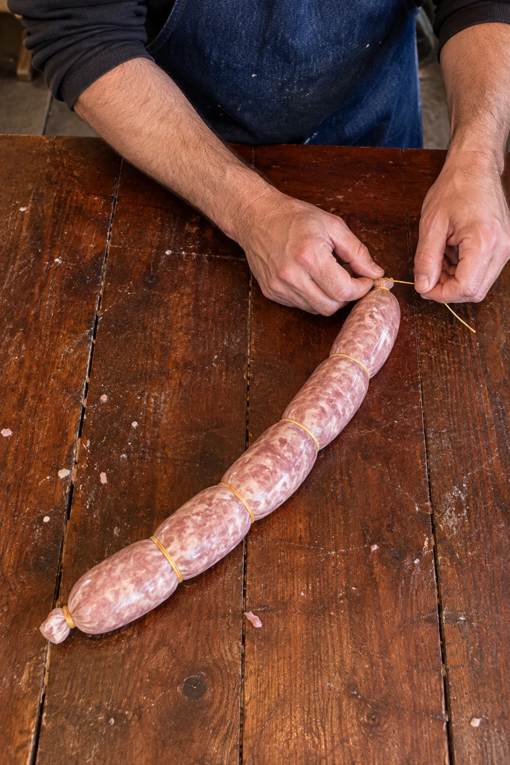 Manos de un artesano atando salame recién embutido sobre una mesa de acero